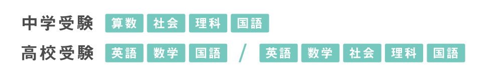 中学受験 算数・社会・理科・国語、高校受験 英語・数学・国語 または、英語・数学・社会・理科・国語